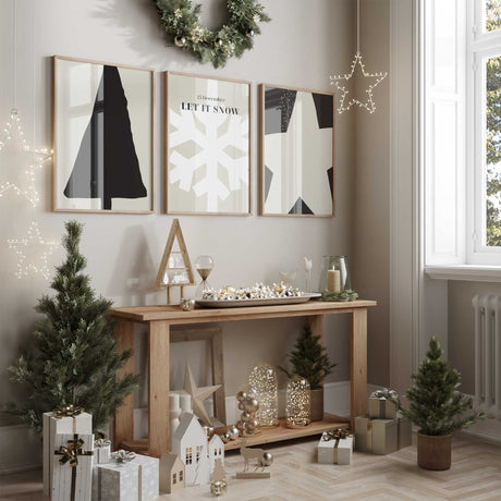 Christmas tree, star, and snowflake prints in minimalist neutral style.