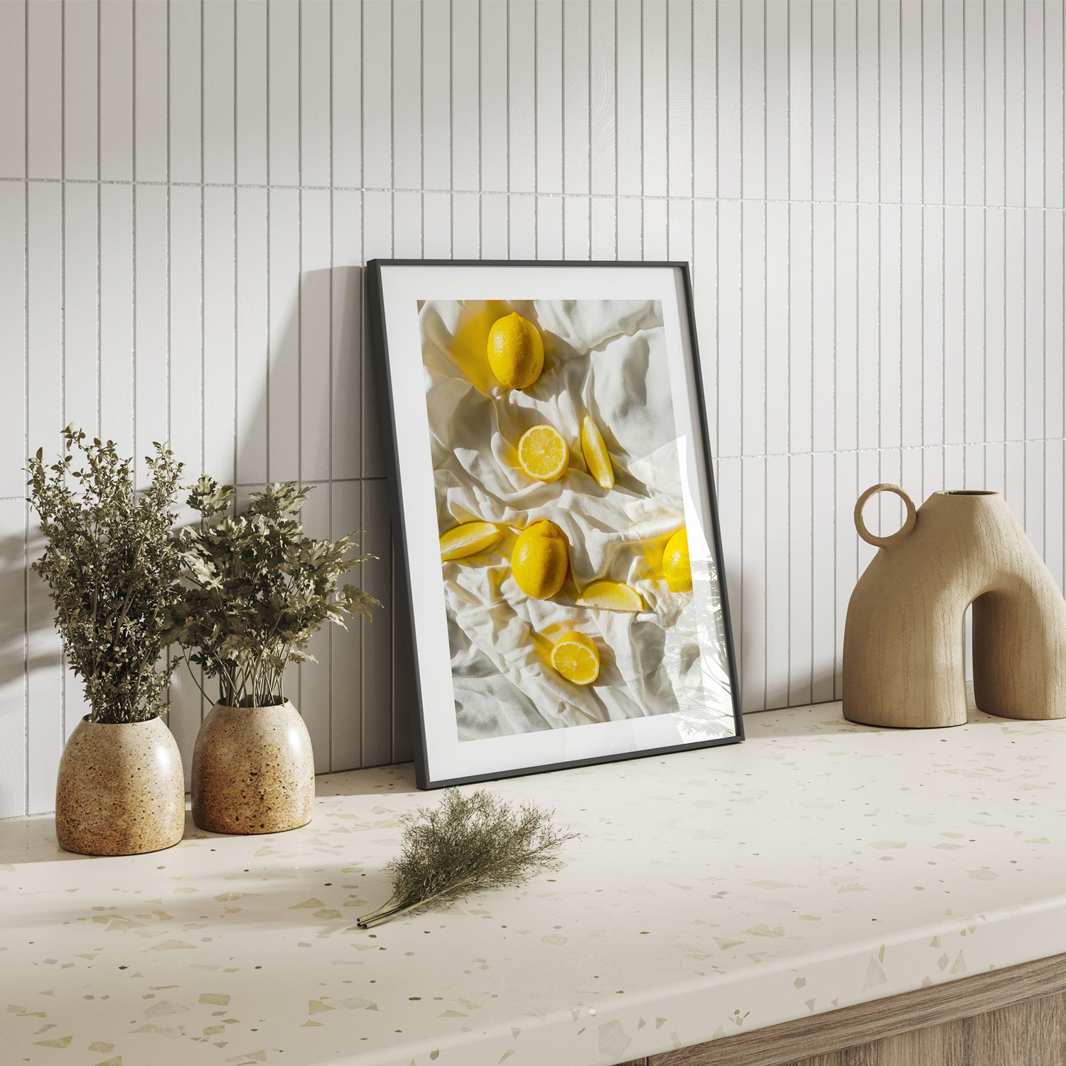 fruit photography art print with lemons on fabric for fresh kitchen decor