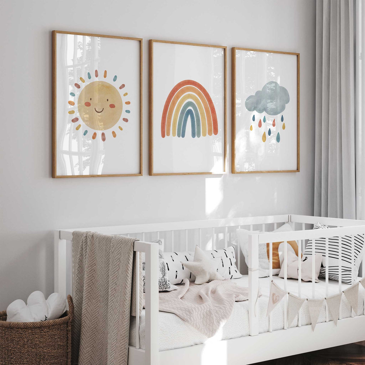 Cloud nursery print with colourful raindrops for modern kids decor