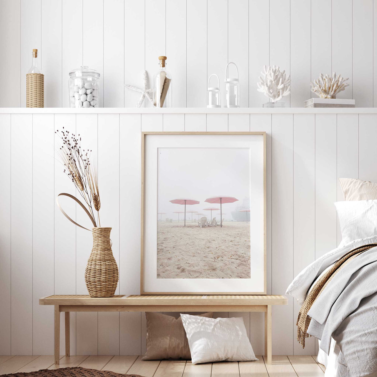 Foggy beach scene with pastel pink umbrellas – perfect for coastal decor