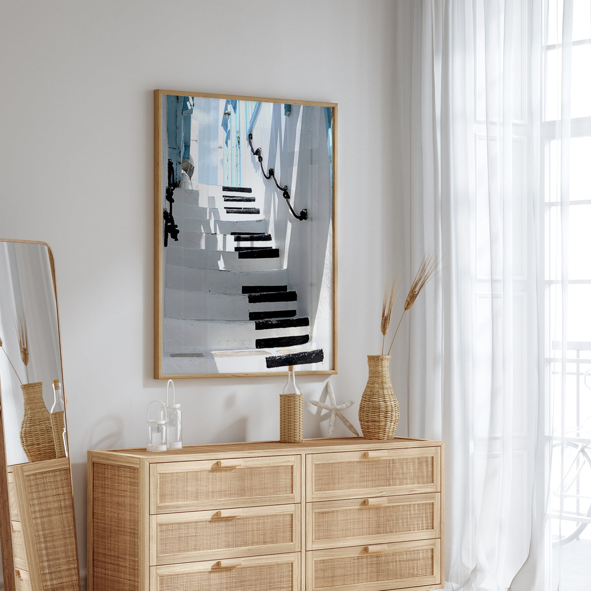 Minimalist travel wall art featuring Santorini Greece – perfect for Mediterranean and coastal home styling.