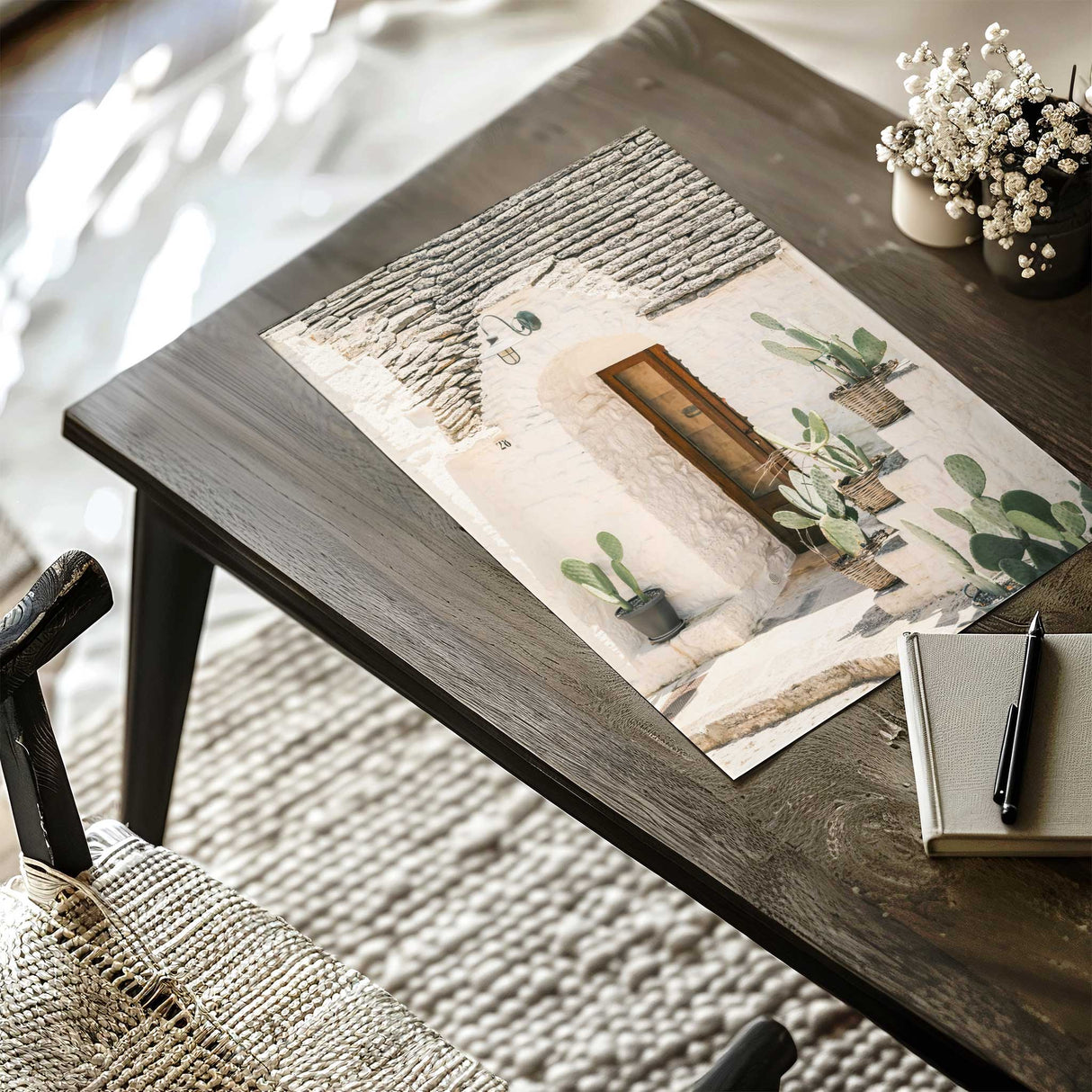 Rustic coastal wall decor with stone building and potted cactus