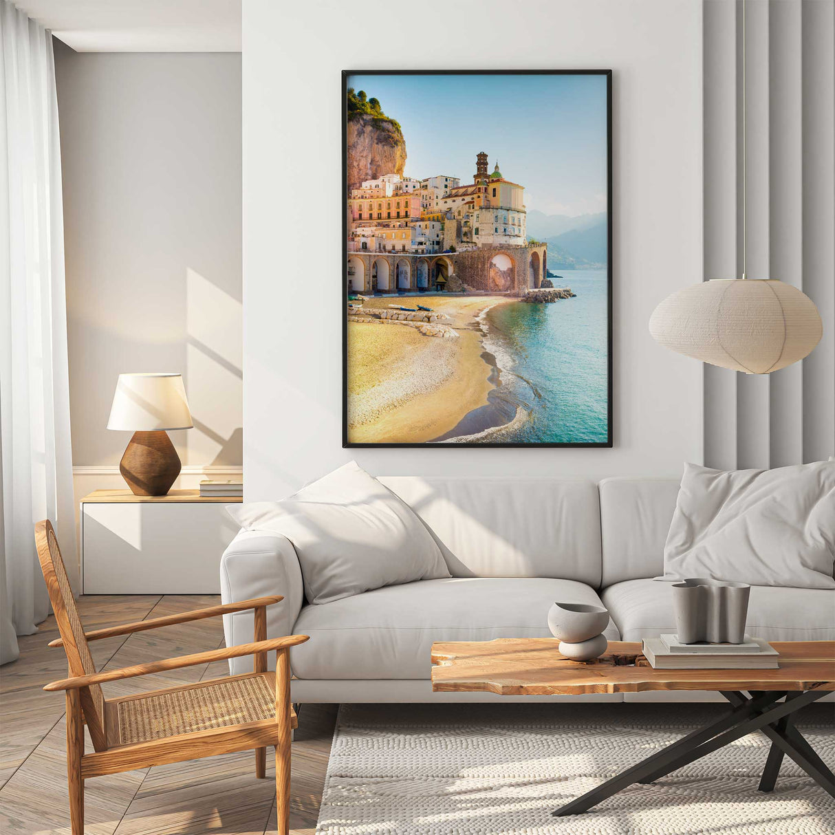 Coastal Italy wall decor print with Mediterranean beach and sunlit architecture