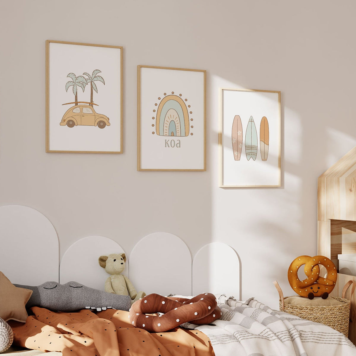 Coastal print set featuring a yellow surf car, a pastel rainbow personalised name and three patterned surfboards.