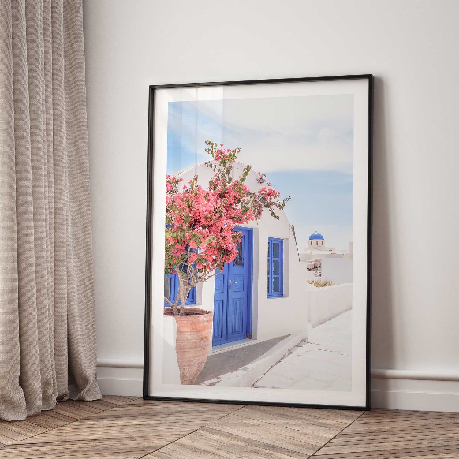 Mediterranean coastal wall art print with whitewashed house
