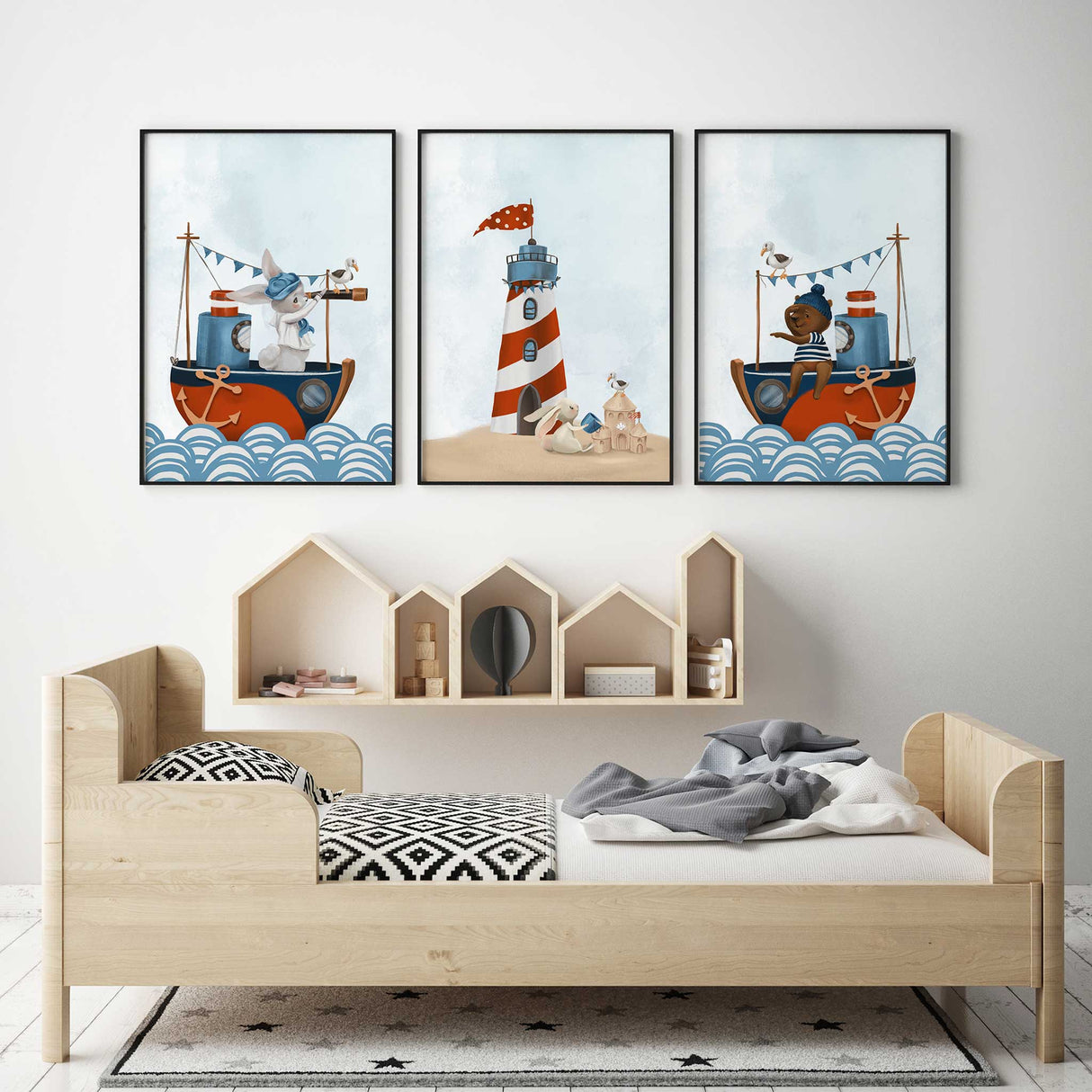Set of three nautical-themed nursery prints with boats and lighthouse – boys room wall decor