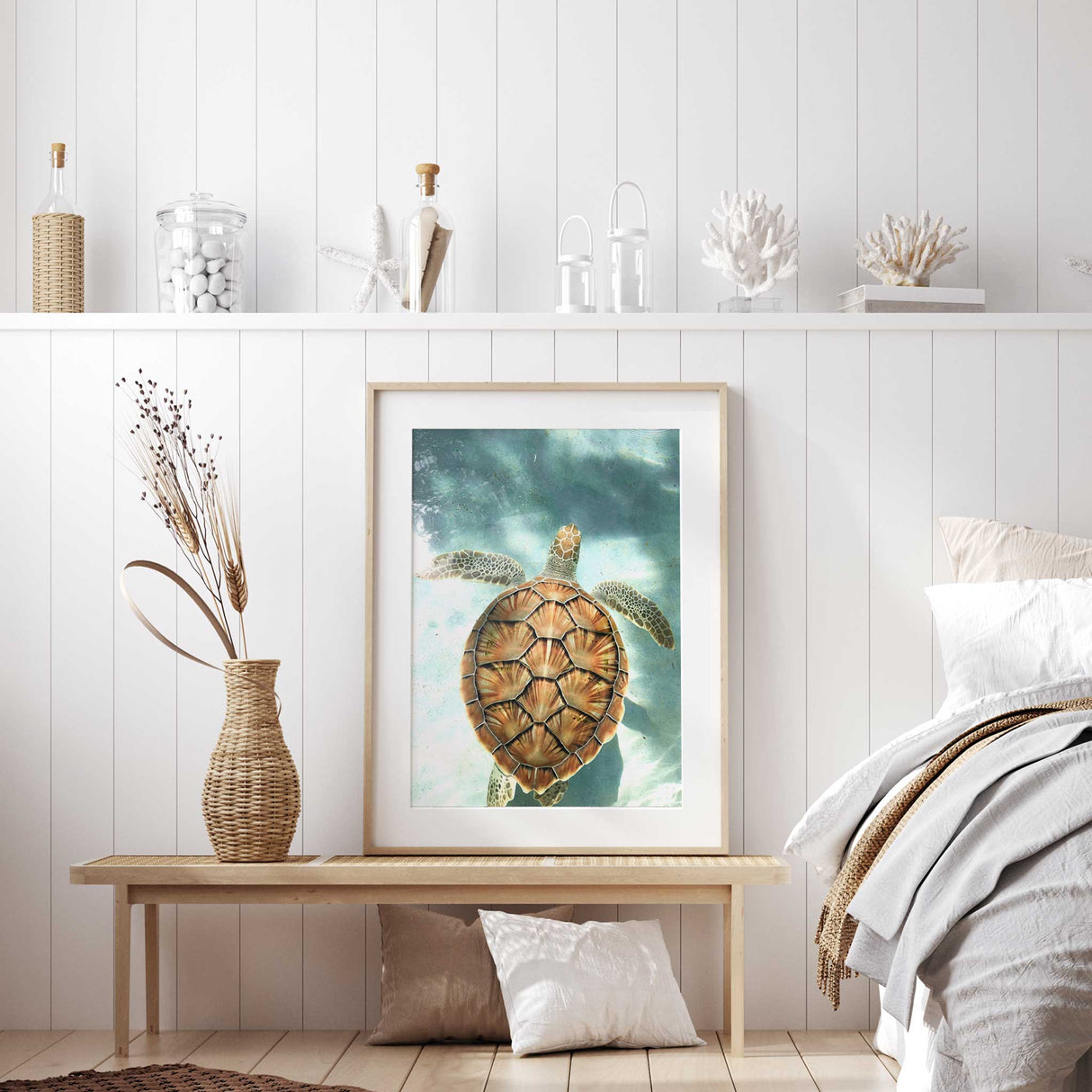 Ocean-themed turtle print with natural shell tones, ideal for coastal homes and beach-inspired rooms.