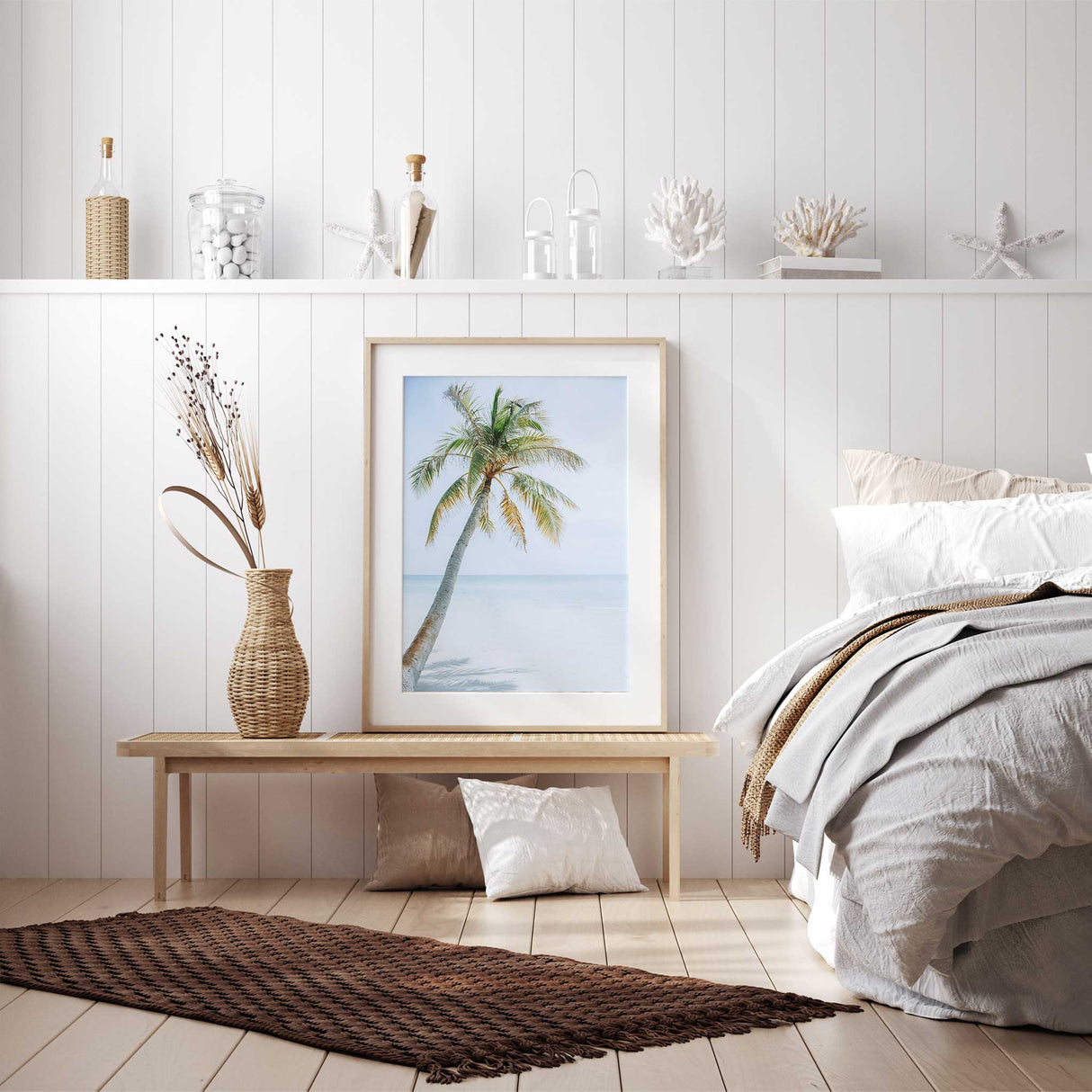 Coastal palm tree wall art print with blue ocean horizon and white sand beach