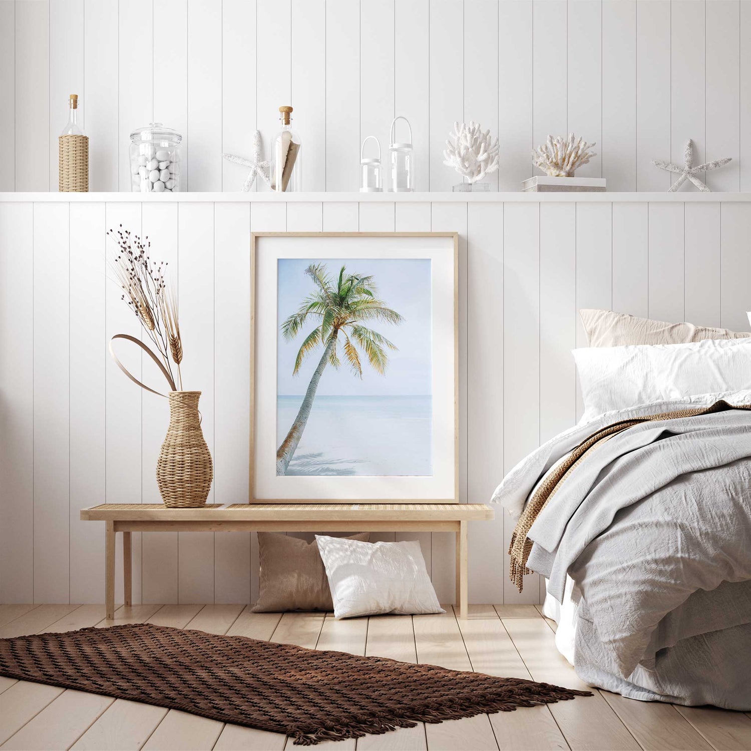 Coastal palm tree wall art print with blue ocean horizon and white sand beach