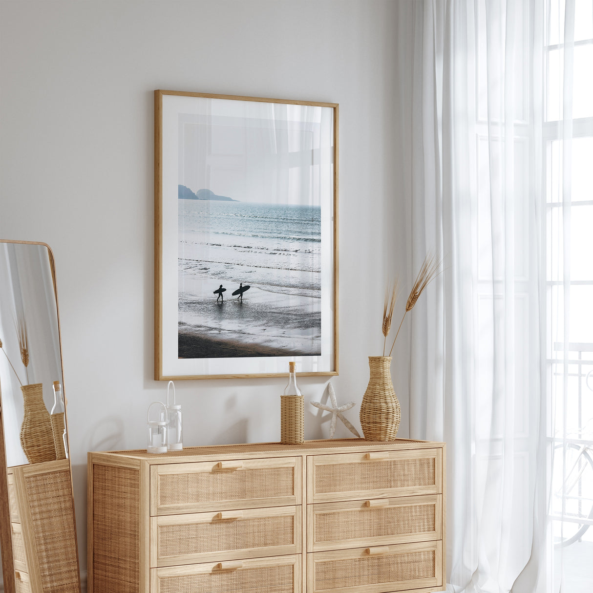 Minimalist beach wall art with ocean waves and surfers