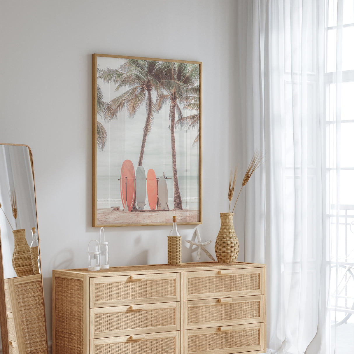 Pastel coastal beach wall art with surfboards and ocean