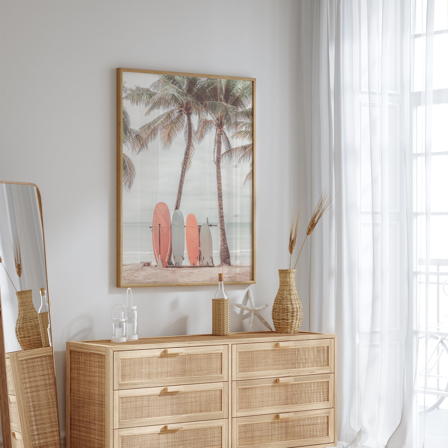 Pastel coastal beach wall art with surfboards and ocean