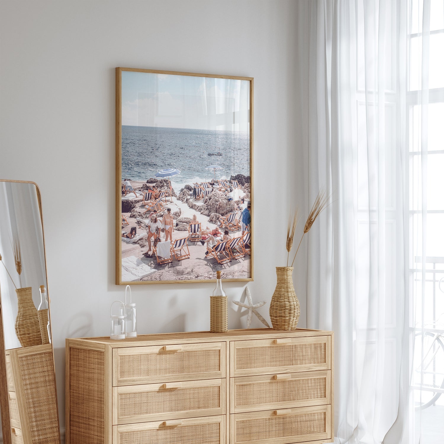Travel-inspired wall art featuring vibrant beach scene and Mediterranean sea