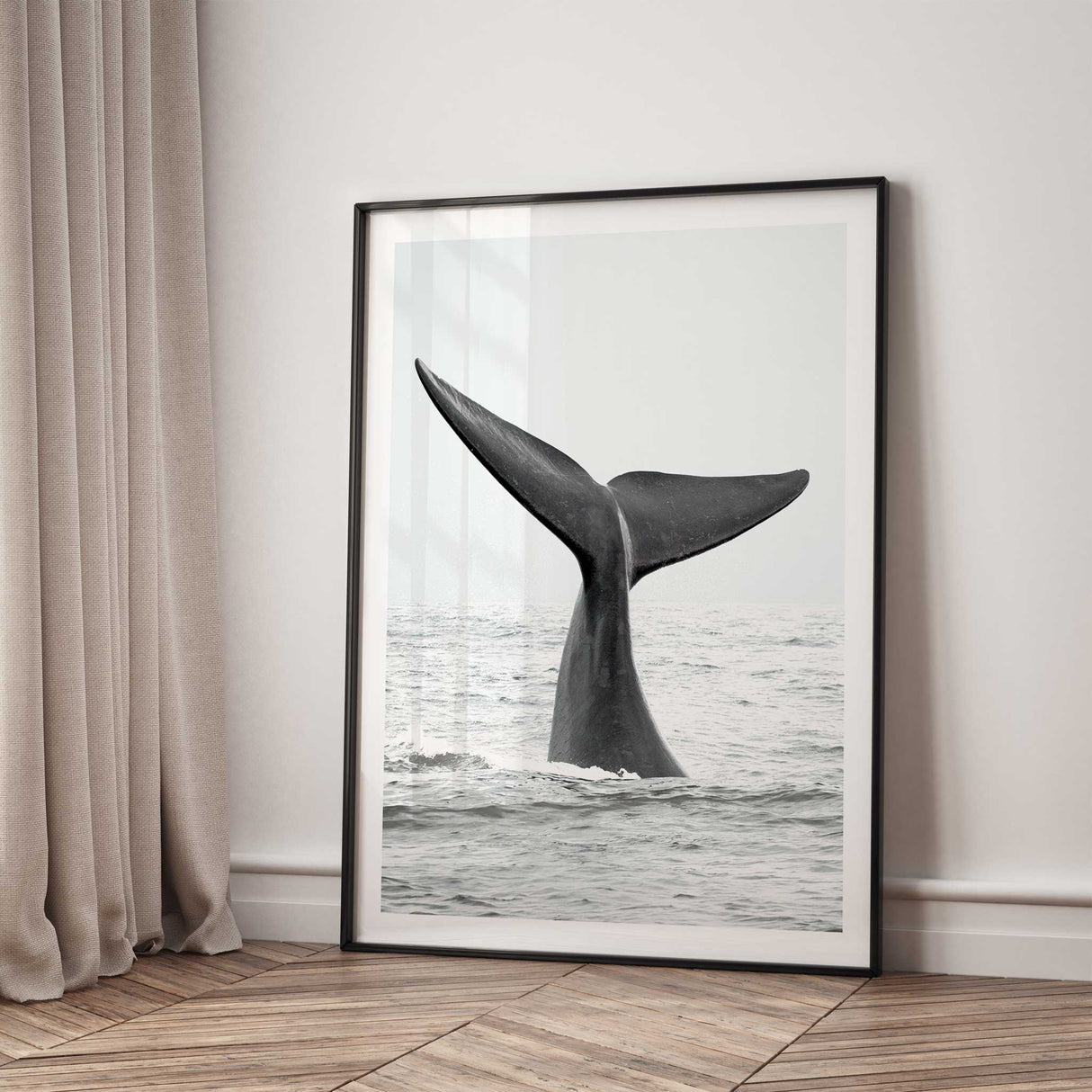 neutral coastal whale wall art print styled for modern home decor