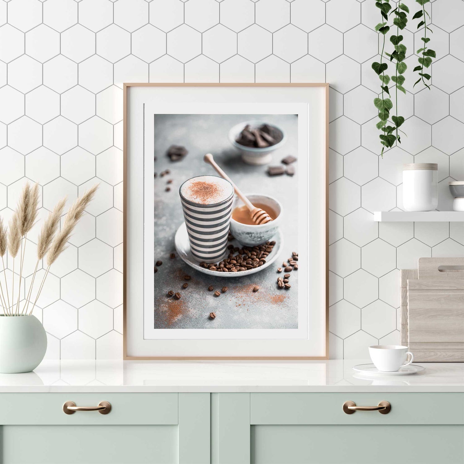 Minimalist coffee lover wall print with striped cup, roasted beans, and warm neutral tones – ideal for modern kitchen walls.