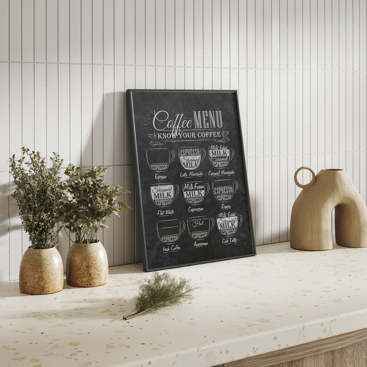 Black chalkboard style kitchen print featuring espresso, latte and cappuccino illustrations.