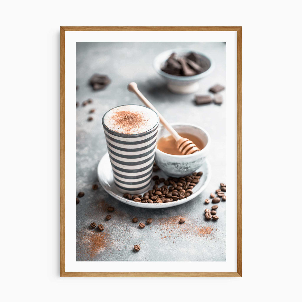 Coffee wall art print with striped ceramic mug, frothy latte, honey dipper and coffee beans – perfect neutral kitchen decor.