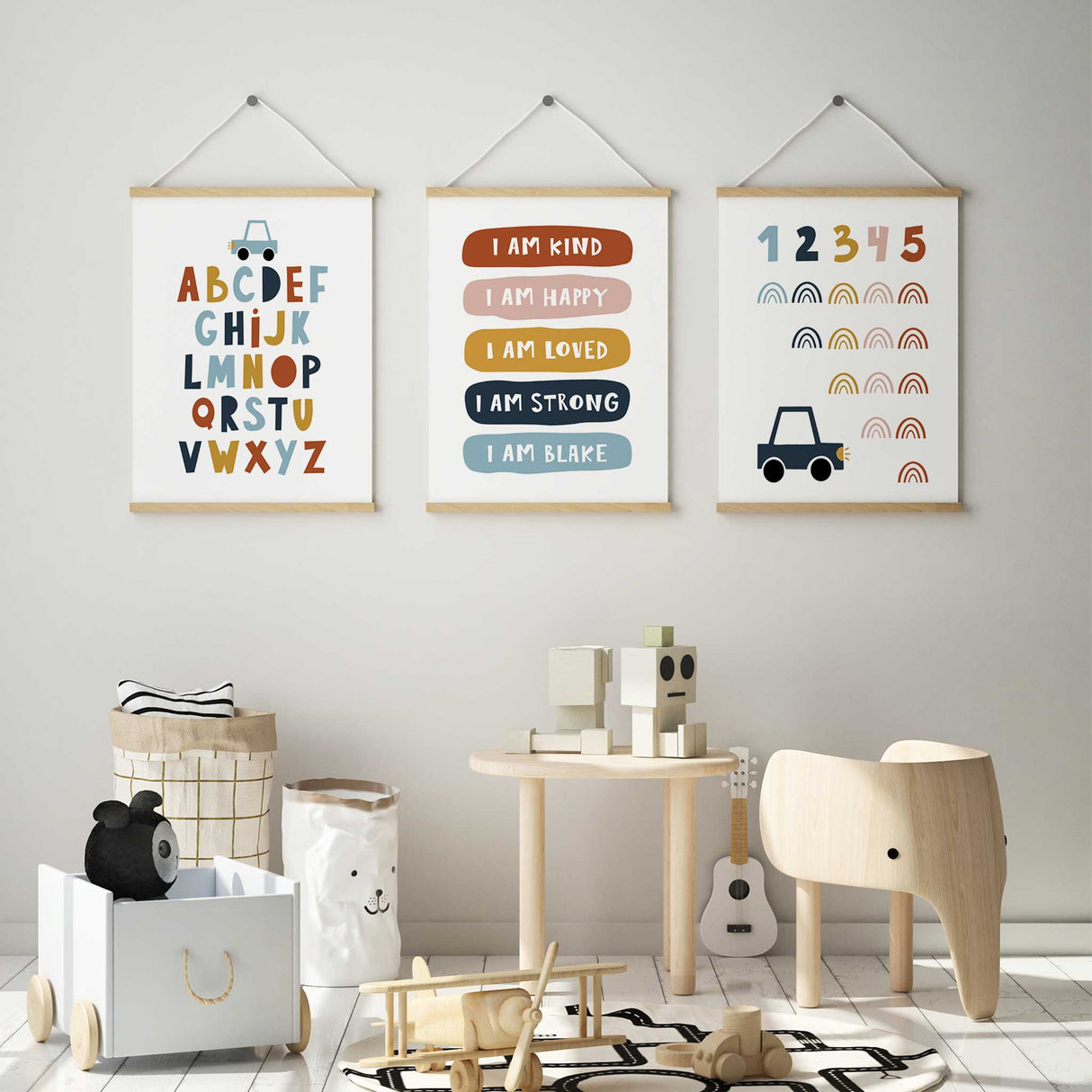 Colourful kids ABC print for nursery or boys room with modern typography and car