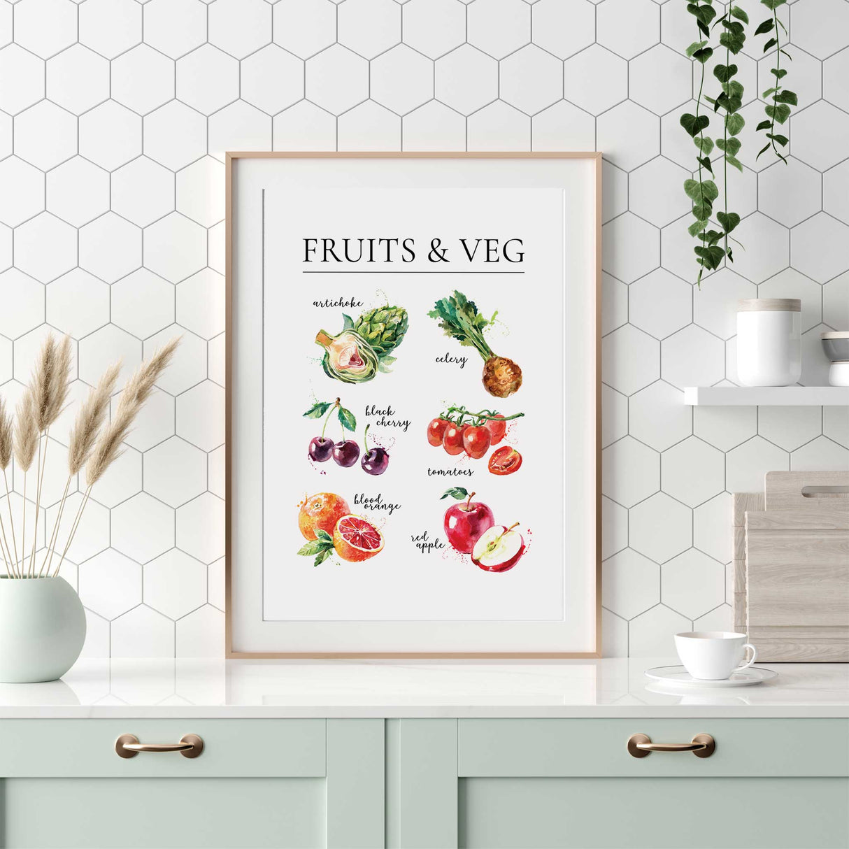 Colourful kitchen print with watercolour artichoke, celery, cherries, tomatoes, blood orange and red apple.