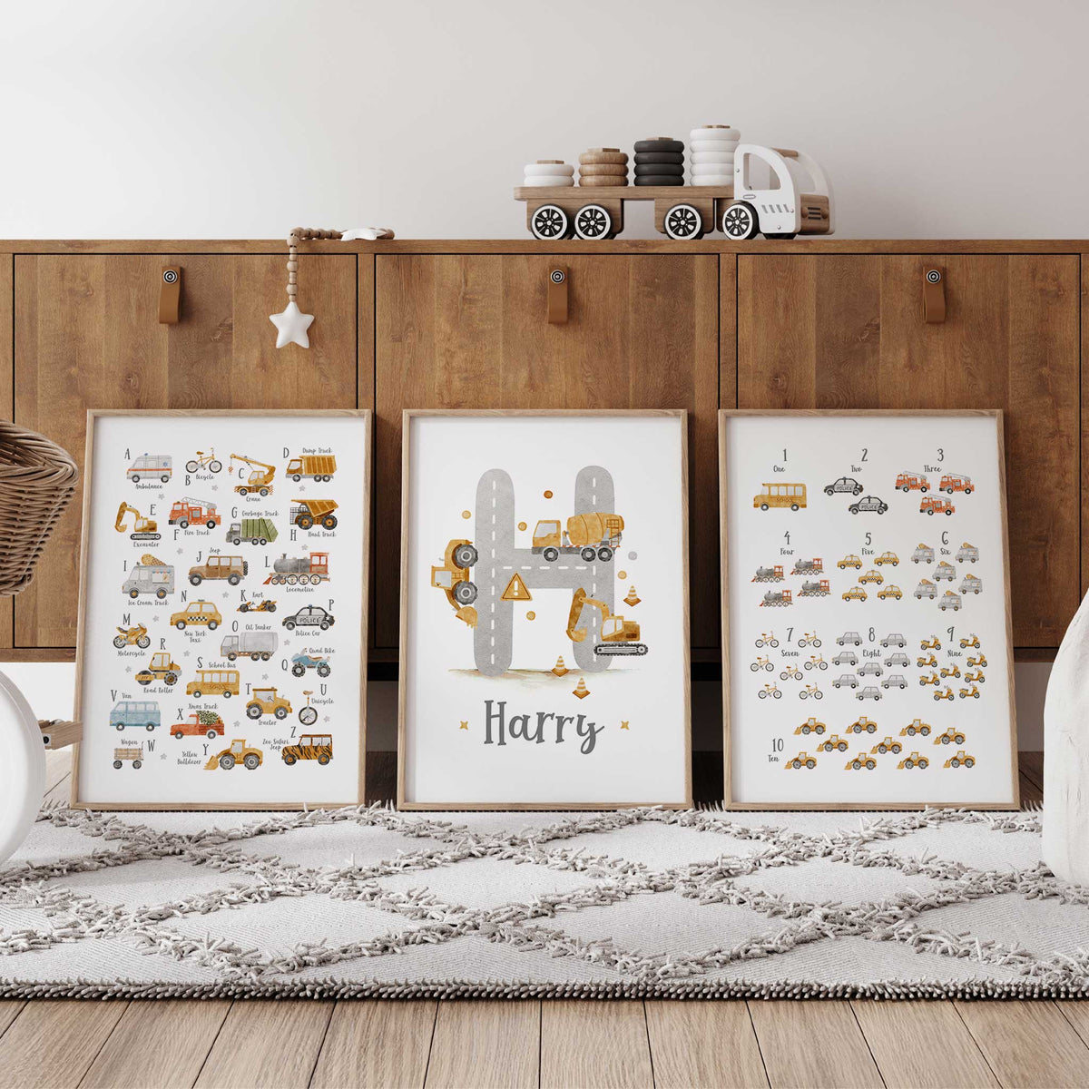 Construction alphabet and number wall art set with personalised centre print