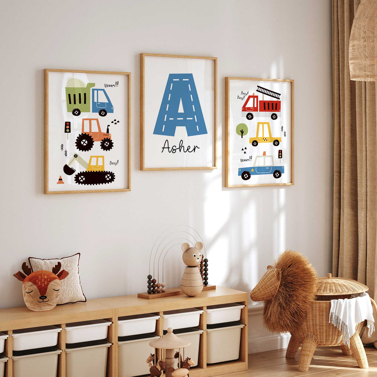 Colourful kids’ wall art featuring a road-style initial, custom name, emergency vehicles and construction vehicles
