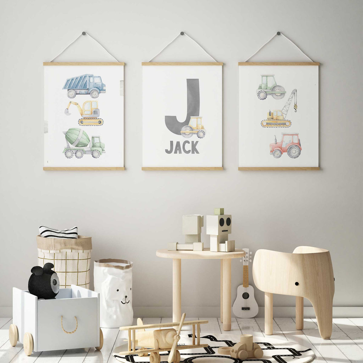 Watercolour construction print set of three with trucks, a digger, crane, tractor and rollers.