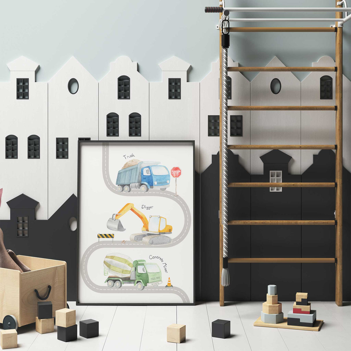 Construction playroom wall art print with watercolour trucks and winding road