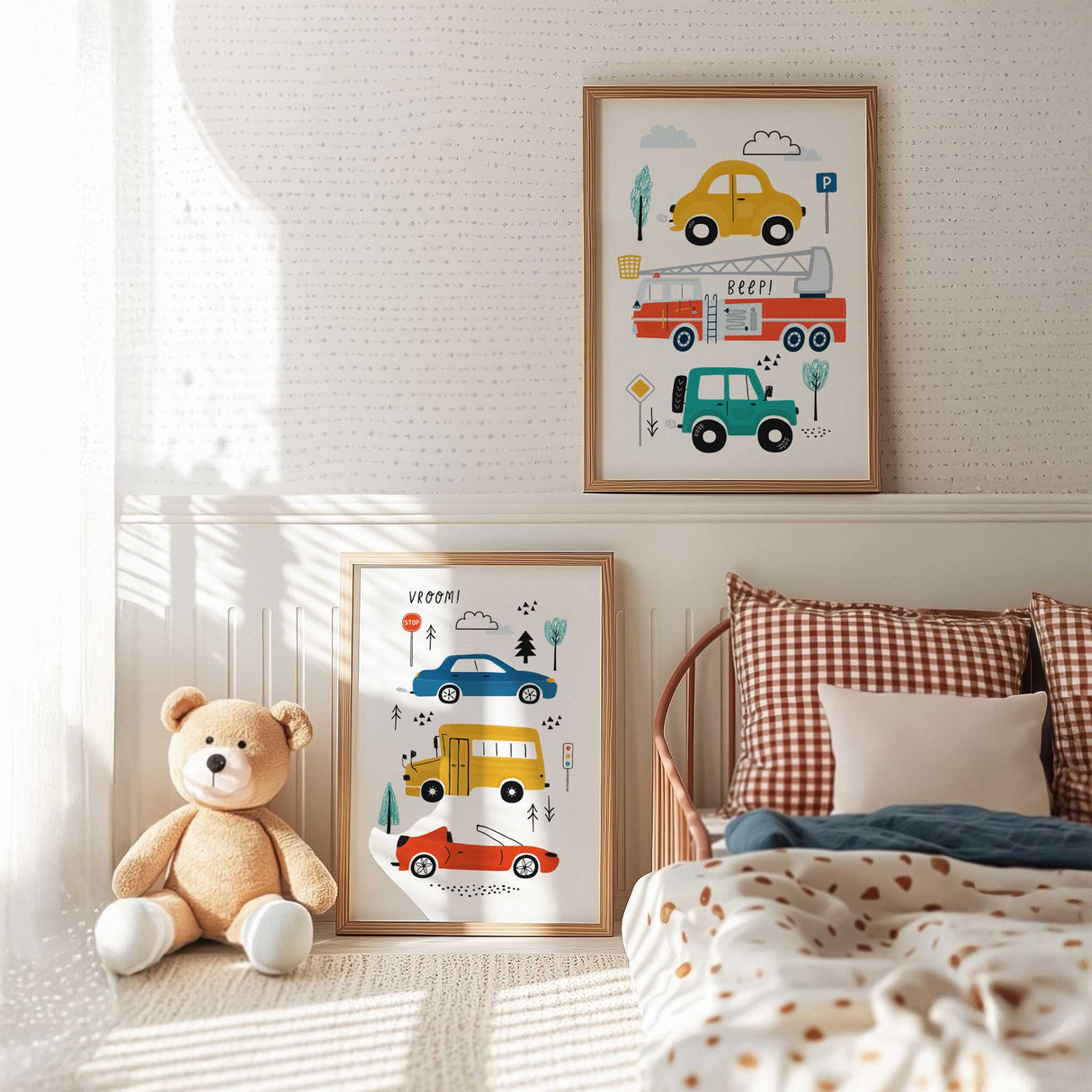 Construction and transport theme wall art set for boys room, colourful digger, truck and car prints.