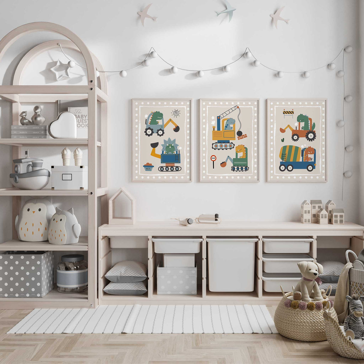 Construction truck playroom art with dinosaurs driving vehicles in soft earthy colours.