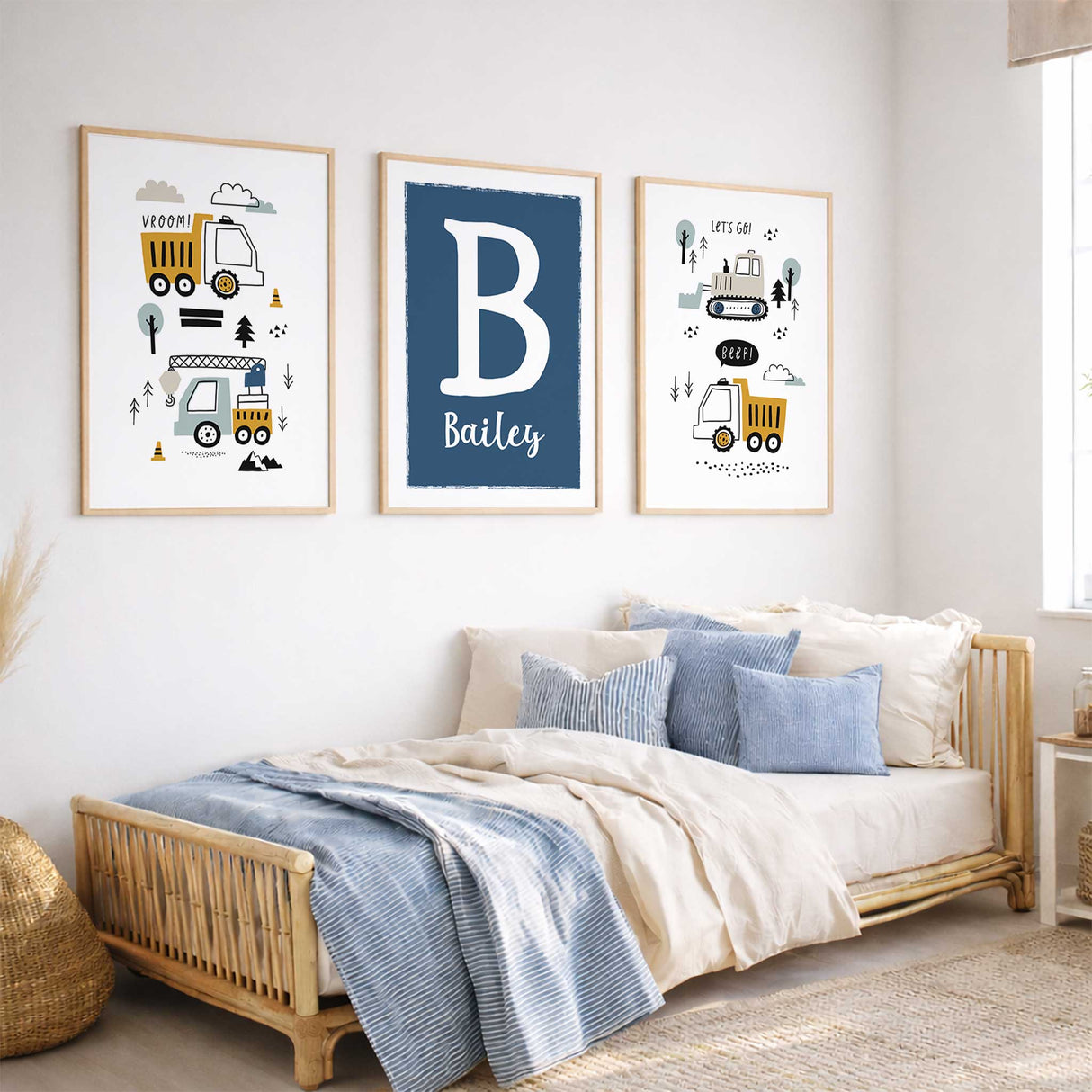 Construction truck wall art for boys bedroom with personalised initial and name print in matching nursery colours.