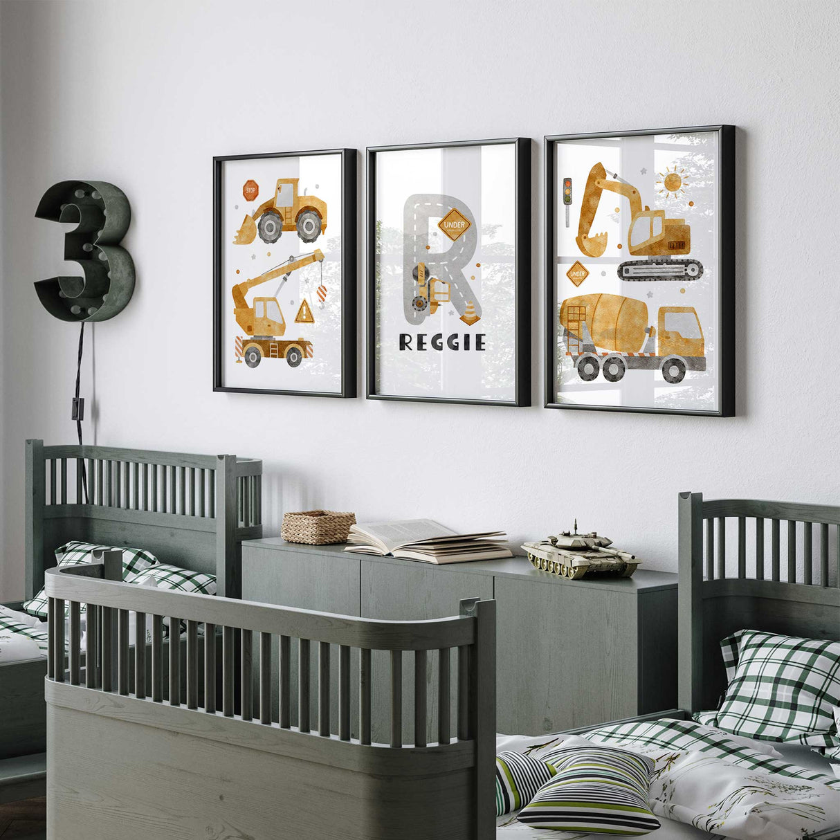 Set of 3 construction truck prints for toddler boy bedroom or playroom. Watercolour construction vehicle art set for boys featuring a dump truck, excavator, and cement mixer with their name