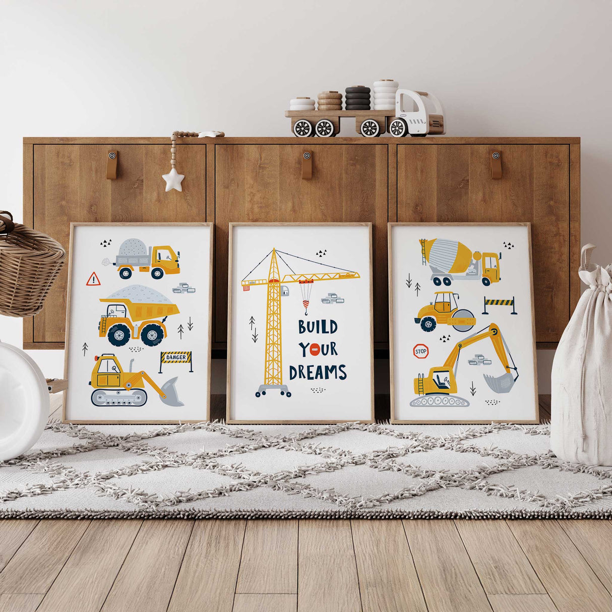 Three piece construction nursery wall art set with digger, crane quote and cement truck prints