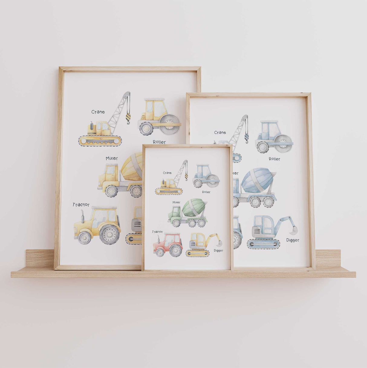 Construction vehicle nursery print featuring crane, digger, roller, mixer, and tractor in blue, yellow, or multi colours, perfect wall art for boys room.
