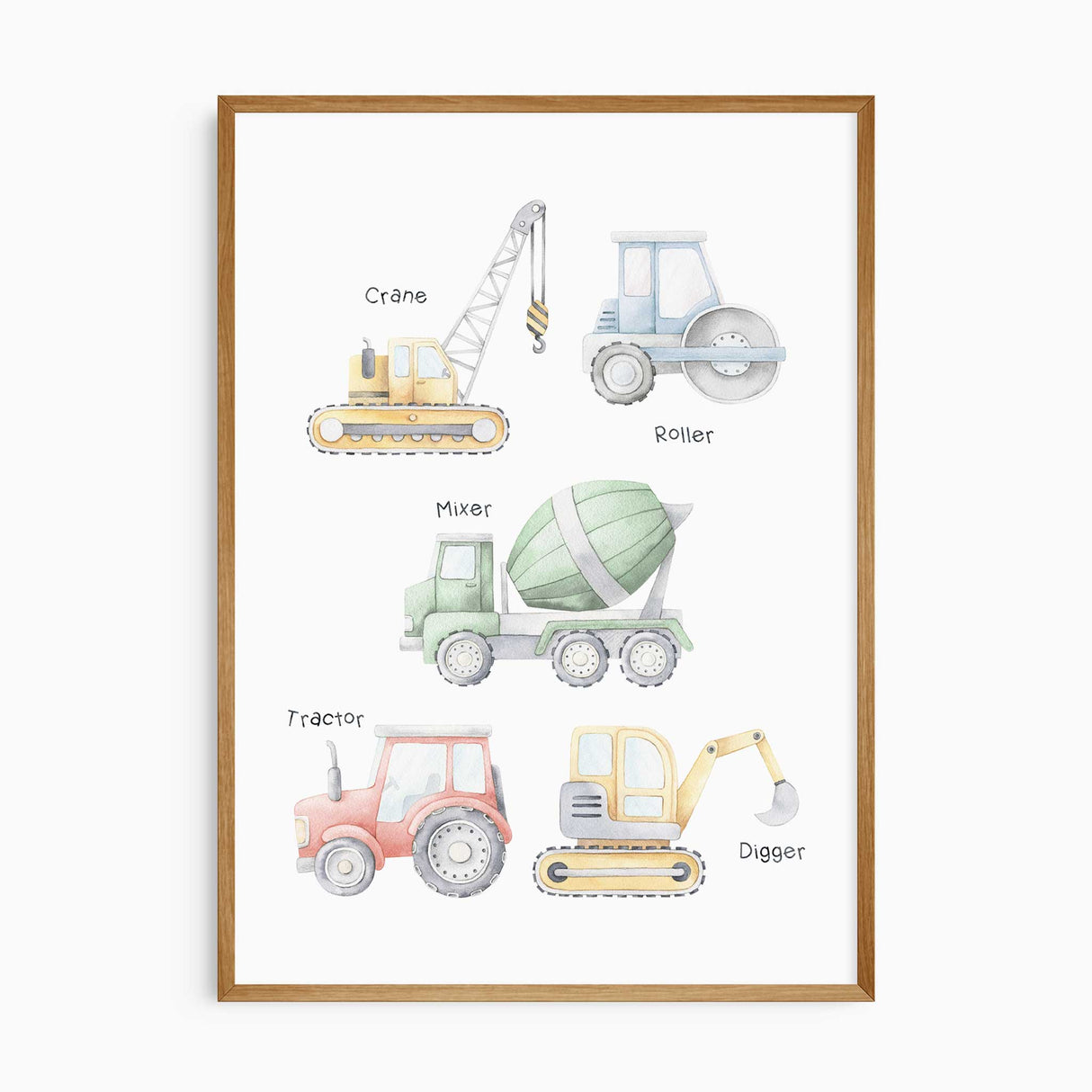 Construction vehicle nursery print featuring digger, crane, roller, mixer, and tractor, perfect boys room or truck-themed wall art.