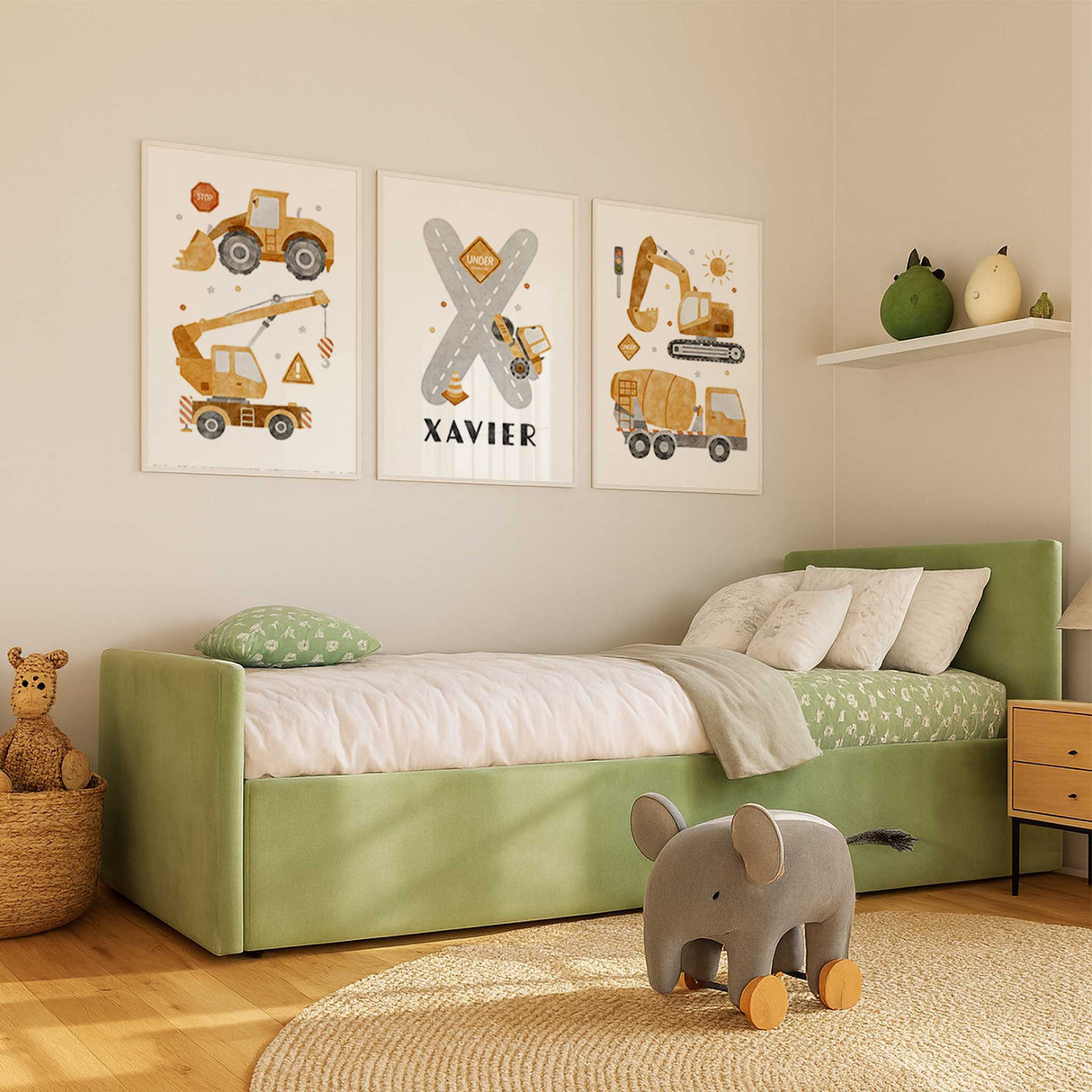 Construction vehicle wall art set with personalised name print for boys bedroom