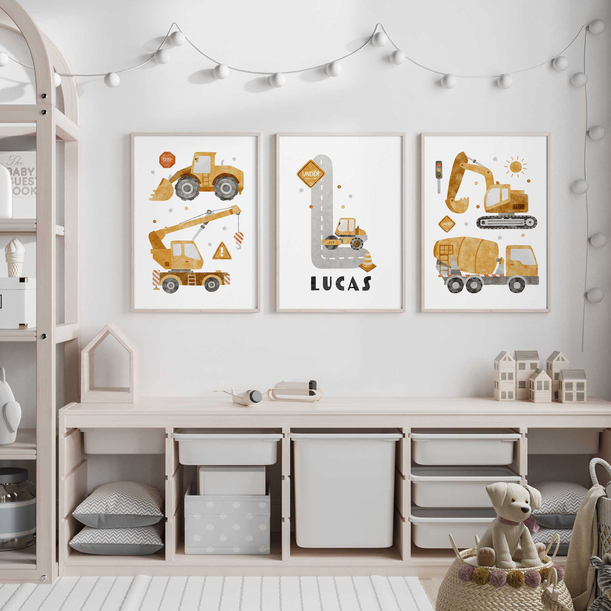Set of three watercolour construction vehicle prints featuring a dump truck, excavator, and cement mixer with a personalised name