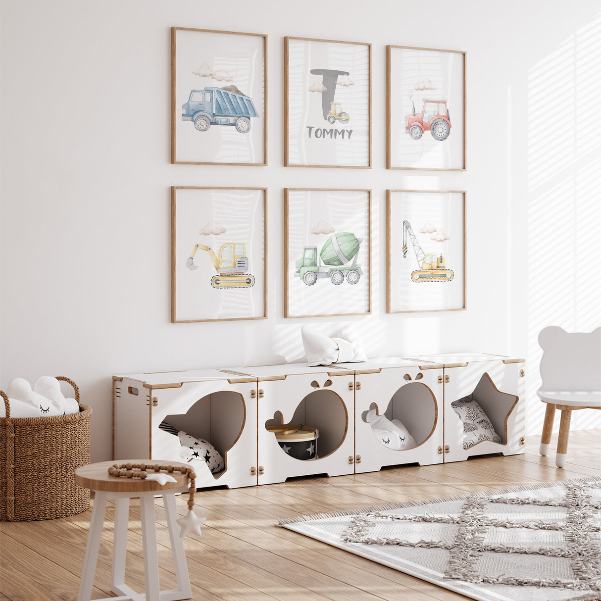 Set of 6 construction vehicle wall art prints for boys' nursery with trucks and diggers