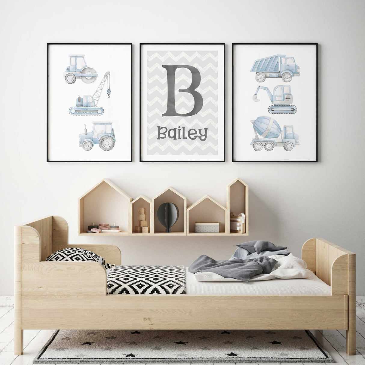 Set of 3 personalised construction vehicle prints in blue for boys nursery