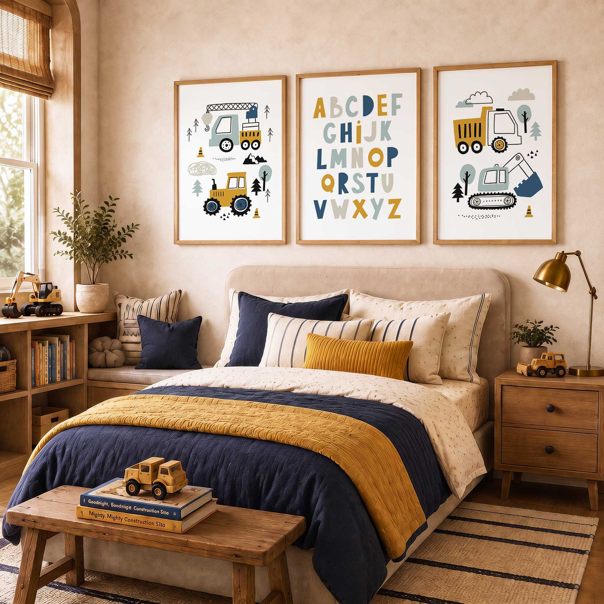 Set of three construction truck wall art prints with an alphabet poster