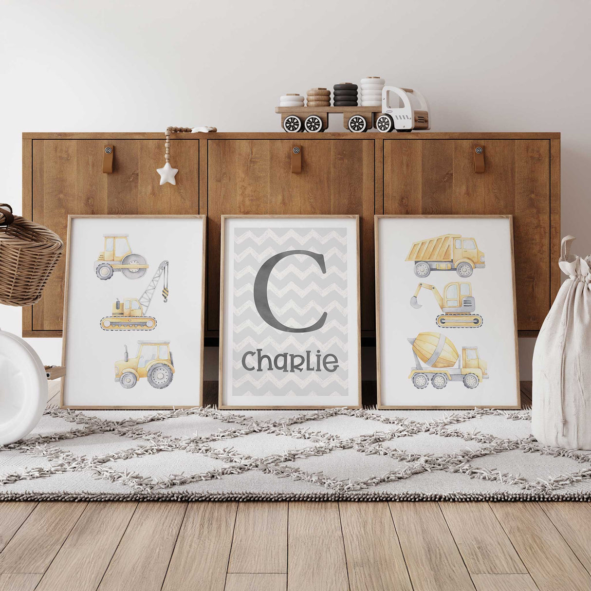 Personalised yellow construction truck nursery prints set of 3