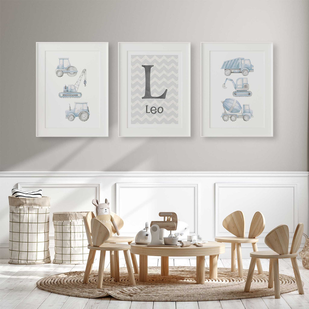 Neutral toned construction vehicle wall art set with custom name print