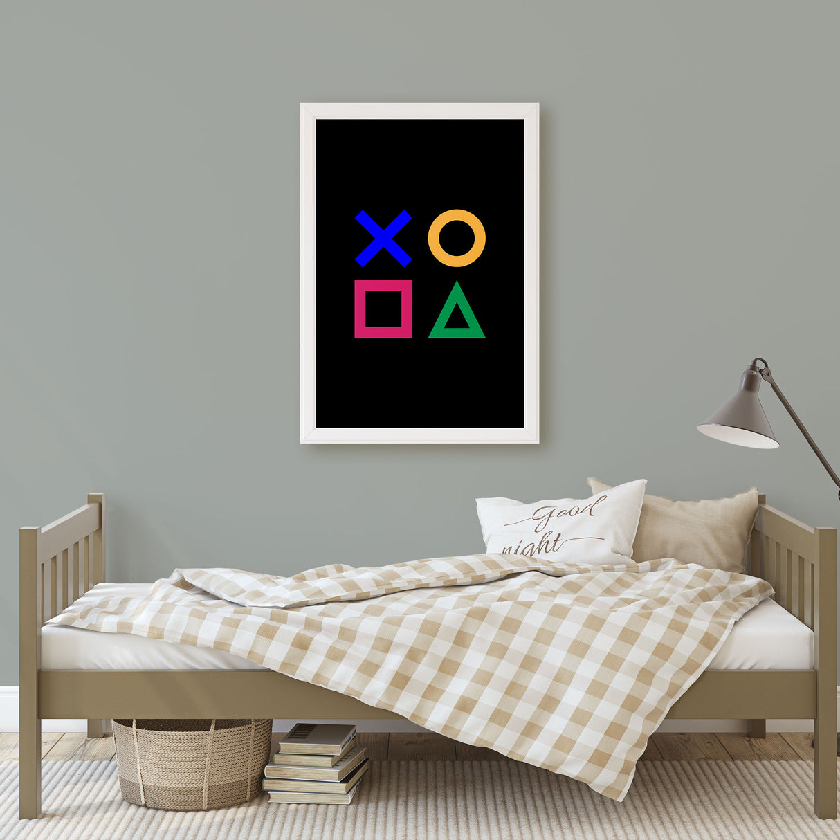 Minimalist gaming art print with bold controller buttons