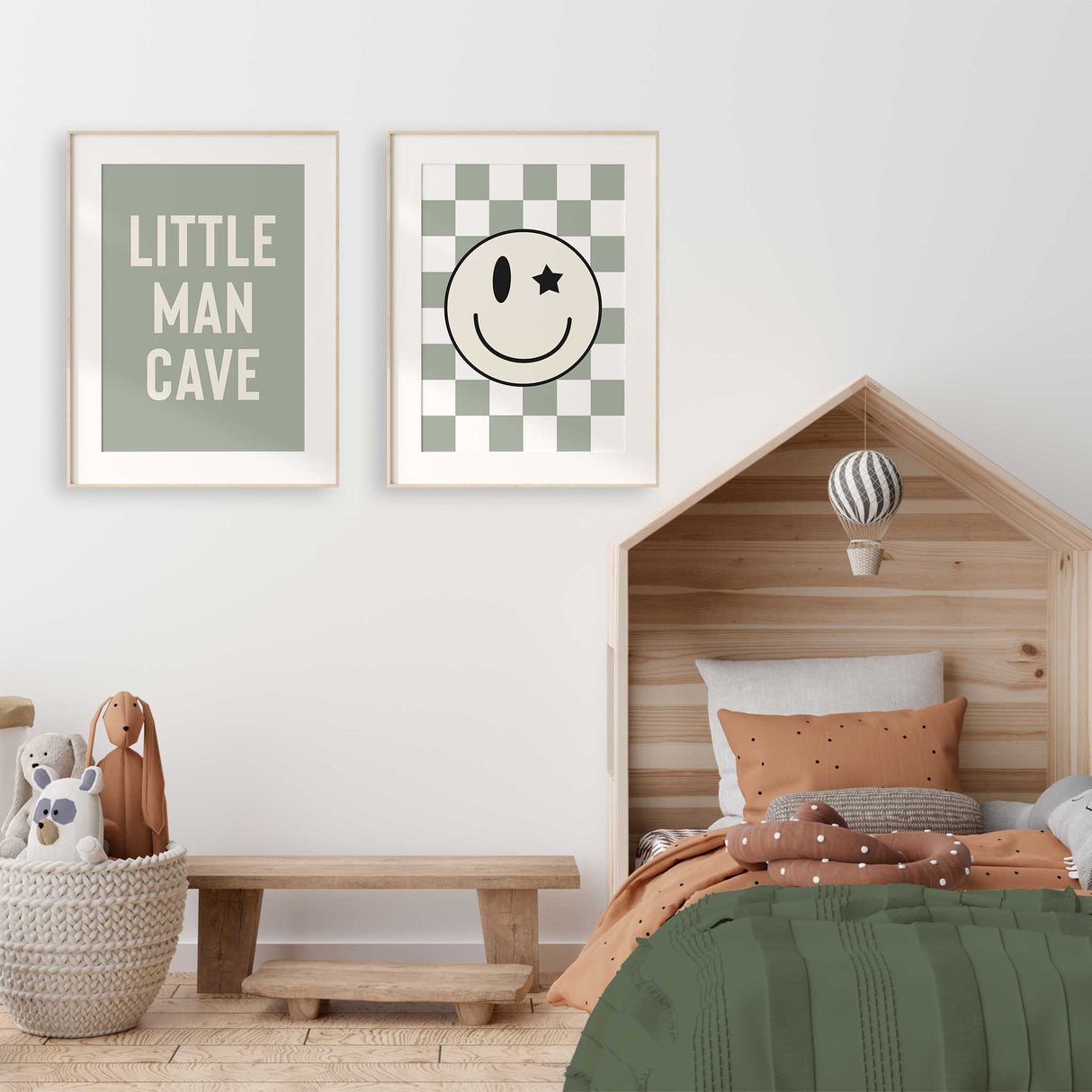 Trendy checkerboard smiley face wall print for cool kids room or modern nursery.