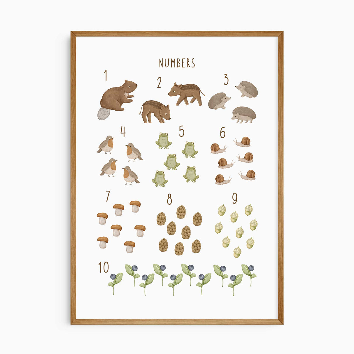 Counting numbers nursery wall art print featuring woodland animals and nature objects from 1 to 10 in soft neutral tones for nursery decor