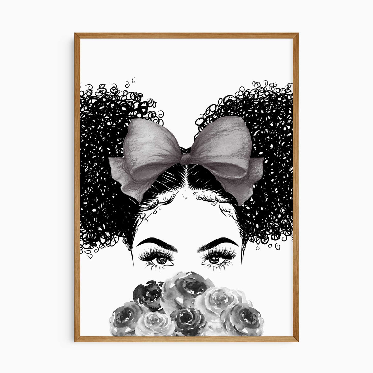 Black ink-style portrait of a girl with double curly buns, detailed eyelashes, a large grey hair bow and grey roses.