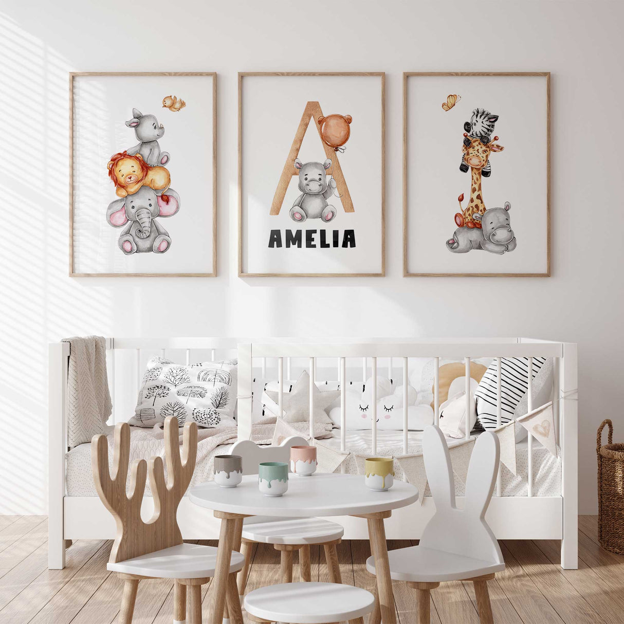 Custom wall art for children's rooms with jungle animals and personalized text