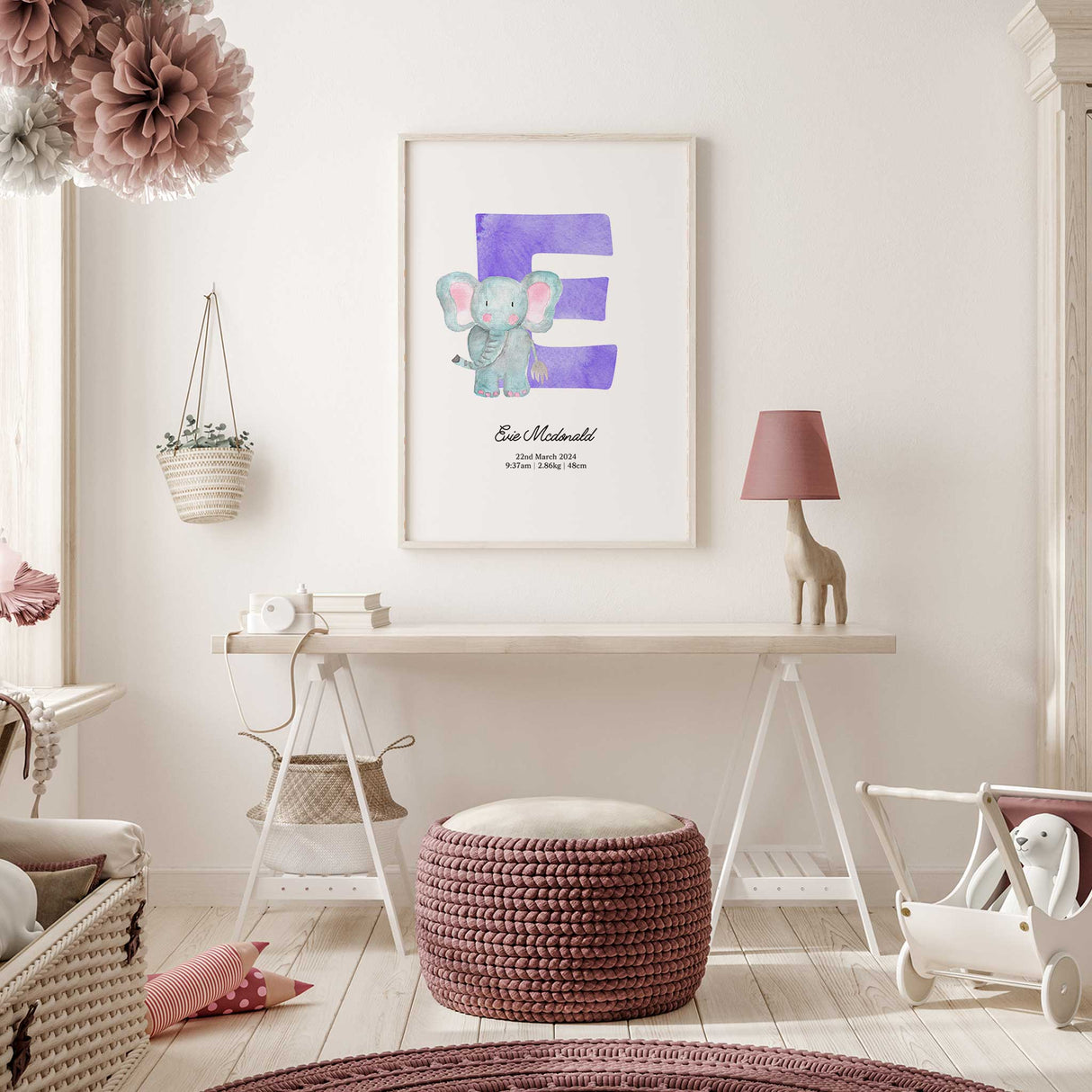 Custom baby birth details animal print with initial letter and coordinating illustration