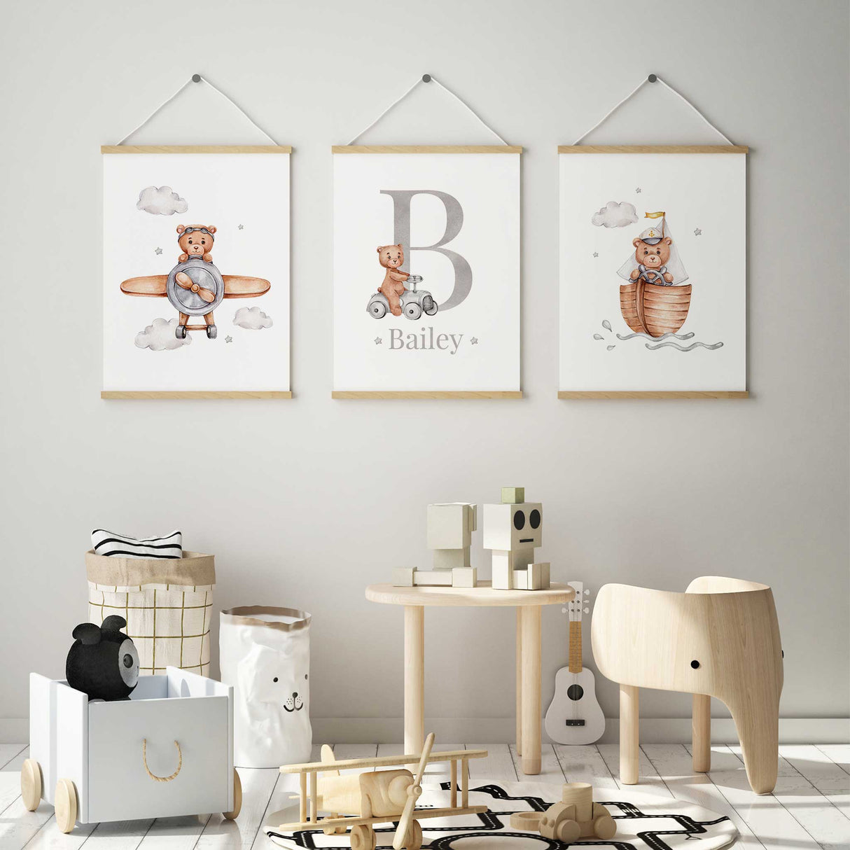 Personalised bear nursery decor with name and initial print, alongside transport-themed illustrations for baby boys’ rooms.