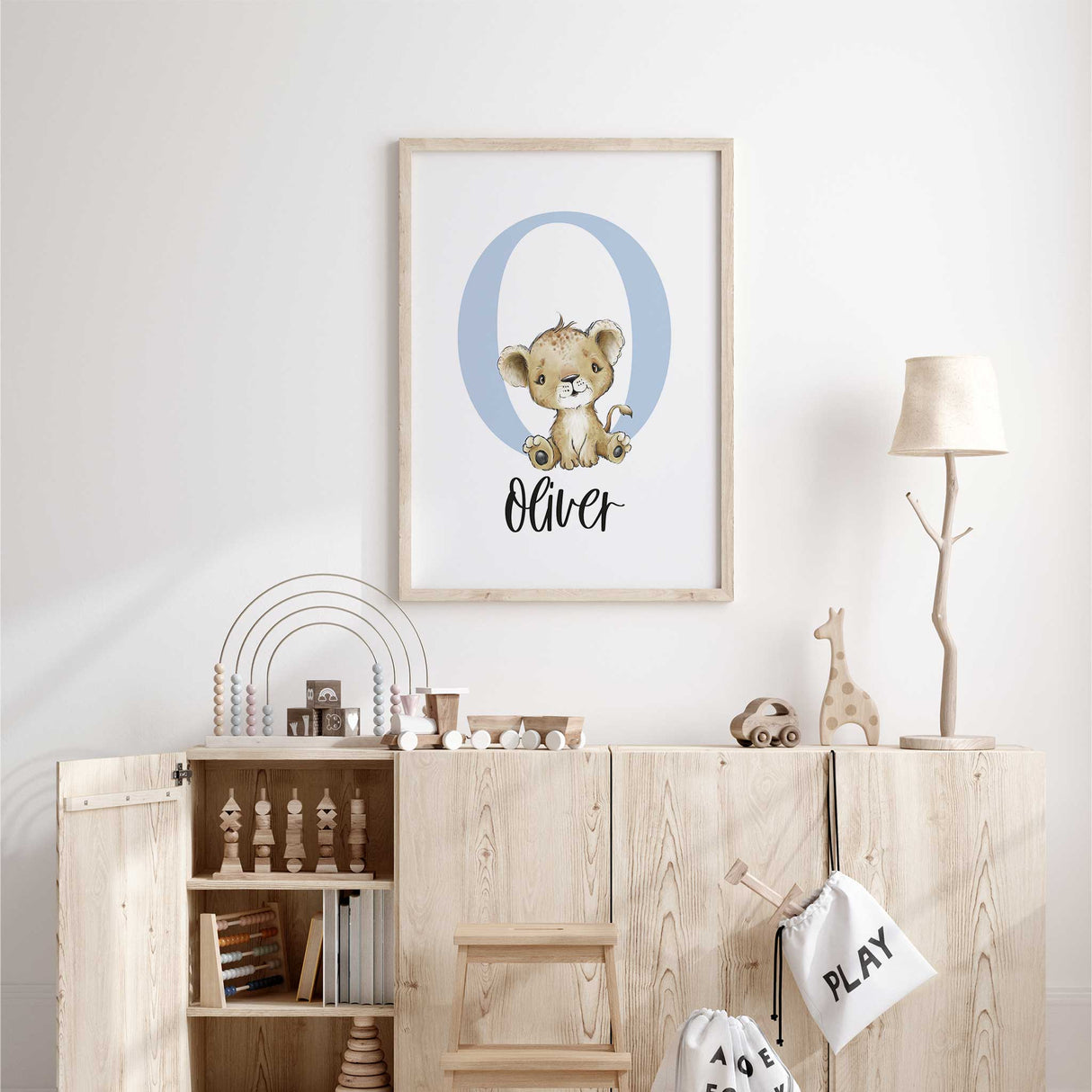 Custom boys name print with large letter and animal artwork