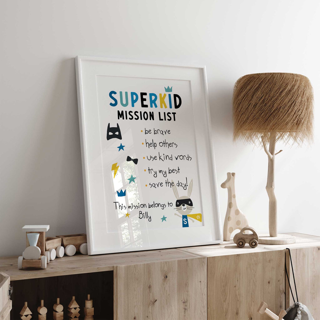 Superkid wall art with name personalisation in black and yellow-blue design